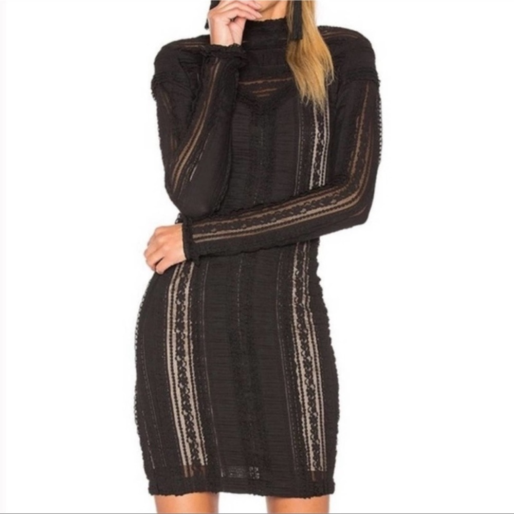 Cinq A Sept Black Lace Ruffle Bodycon Long Sleeve Dress-(NWOT)-00